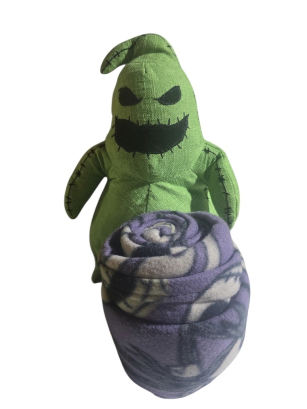 Green Oogie Boogie Plush with Purple Swirl Blanket